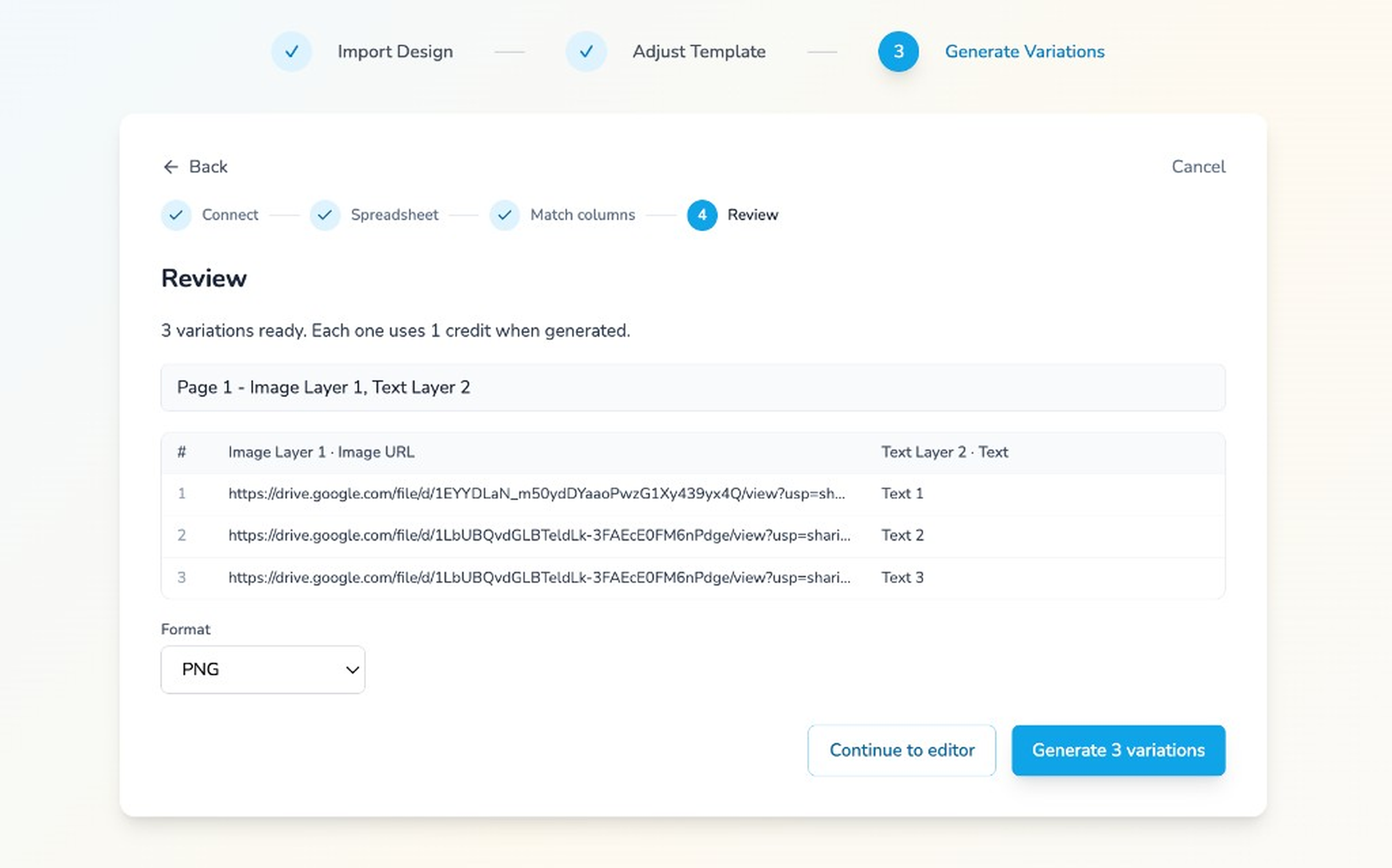 Review step listing 3 variations, a preview table, and a PNG format selector