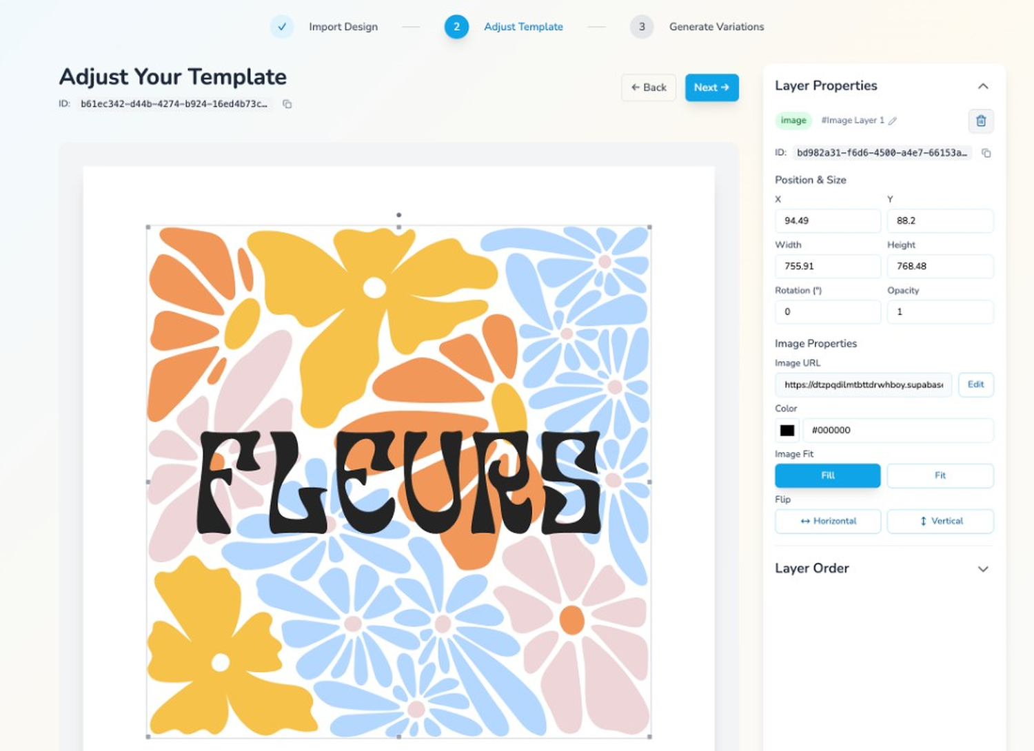 Template editor showing a floral design with the text FLEURS and the artwork layer selected