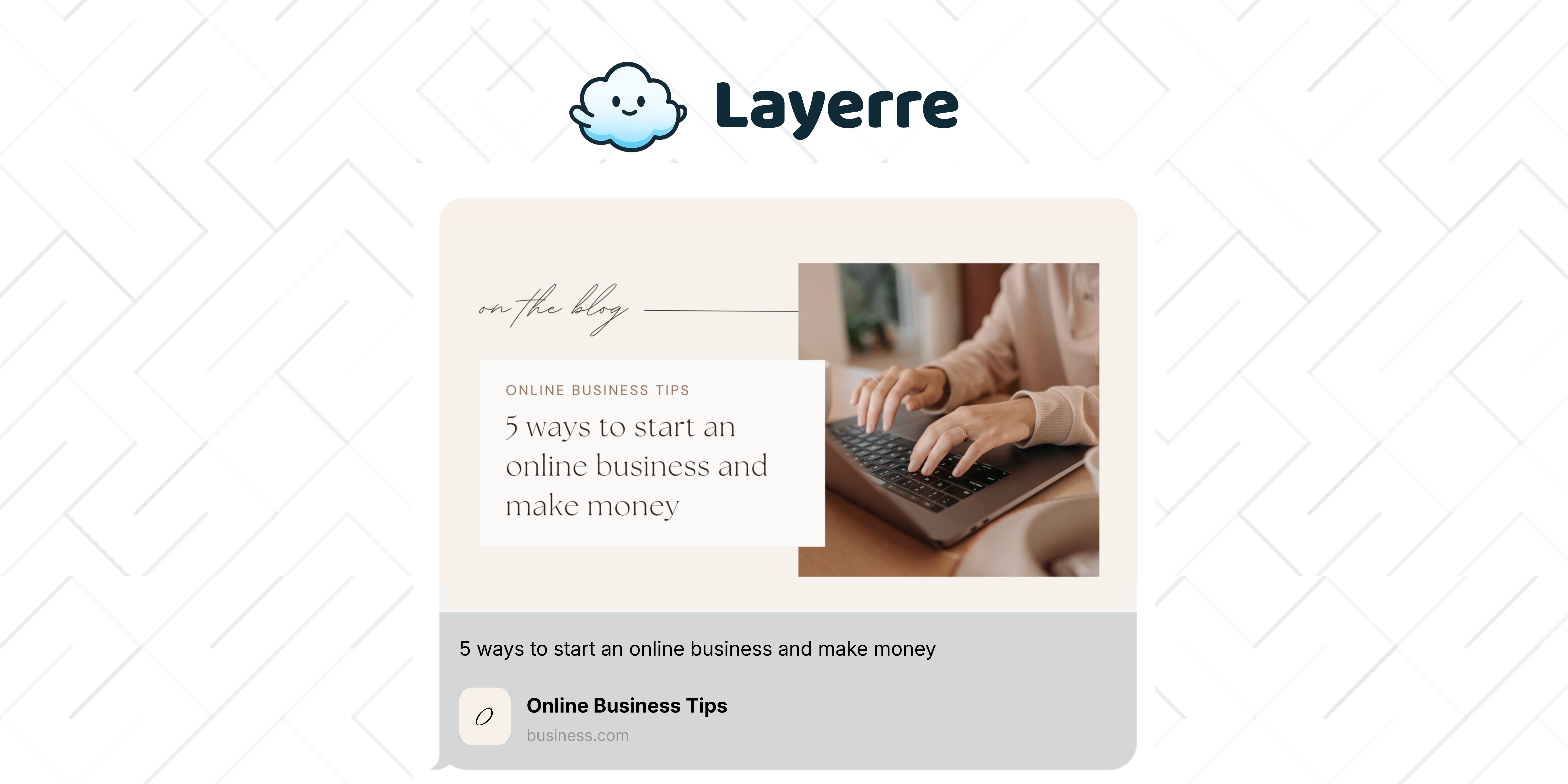 A blog link preview card with a photo, title, and site name