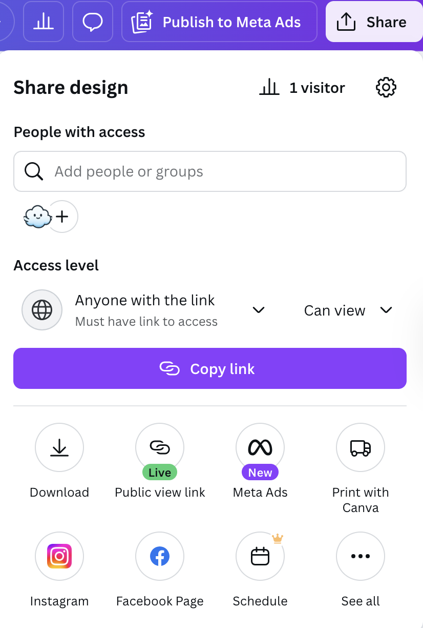 Canva Share Dialog showing how to get a shareable link